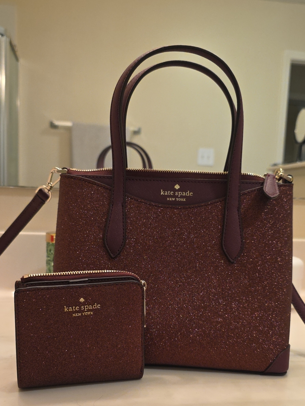 kate spade glitter tote and matching wallet in burgundy